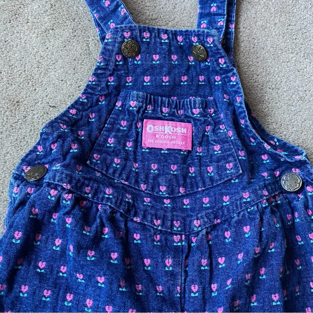Vintage 90s OshKosh B’gosh Floral Denim Overalls Tulip Heart Print Toddler 24M